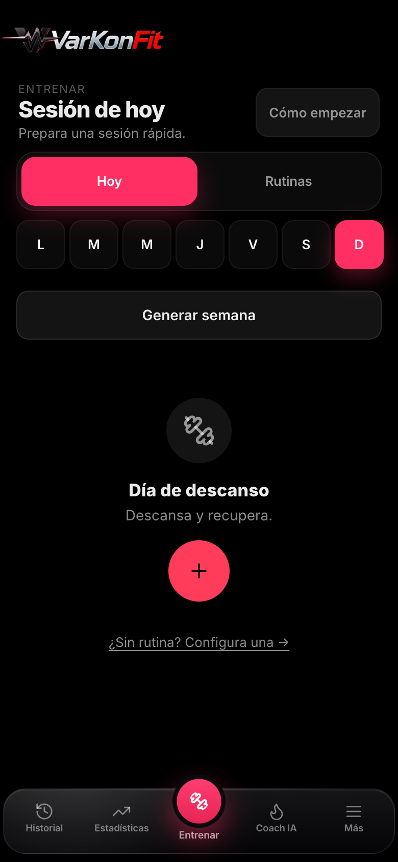 Pantalla de entrenamiento de VarkonFit