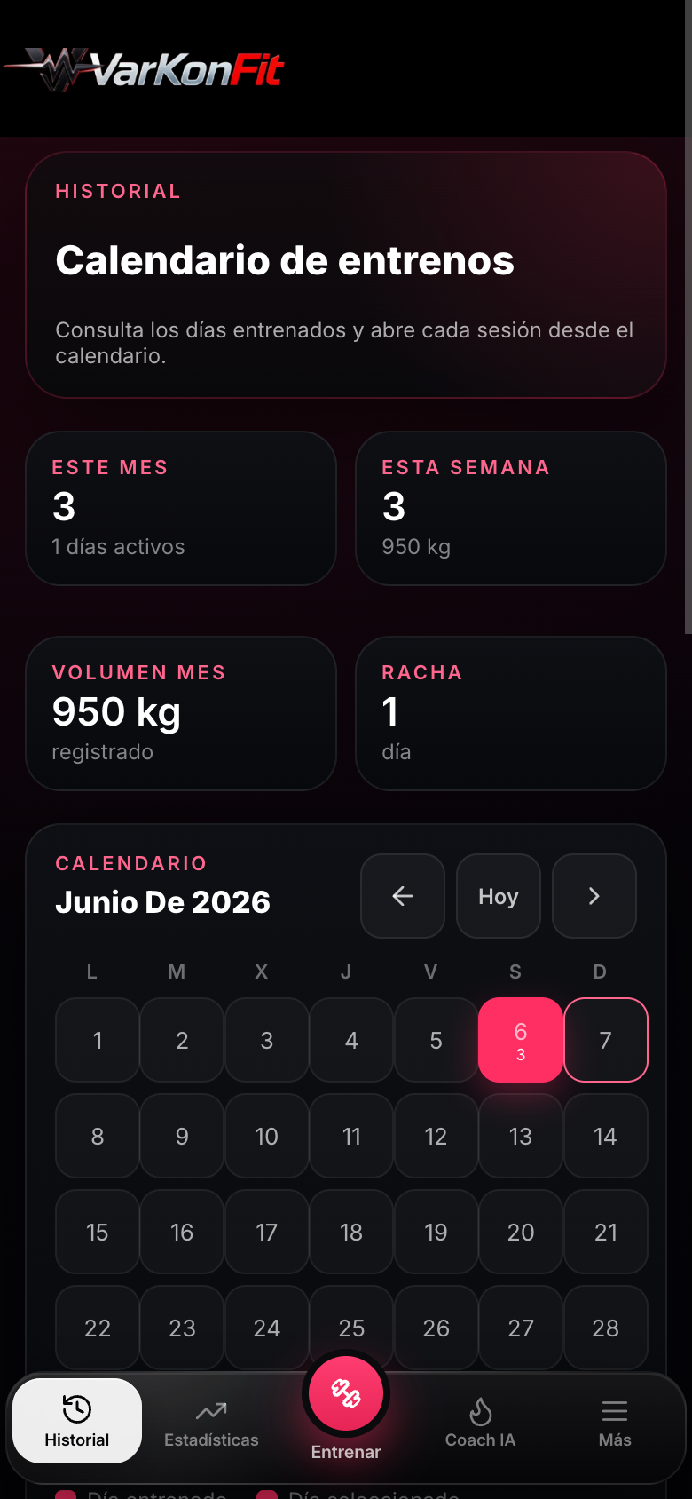 Pantalla de historial de VarkonFit