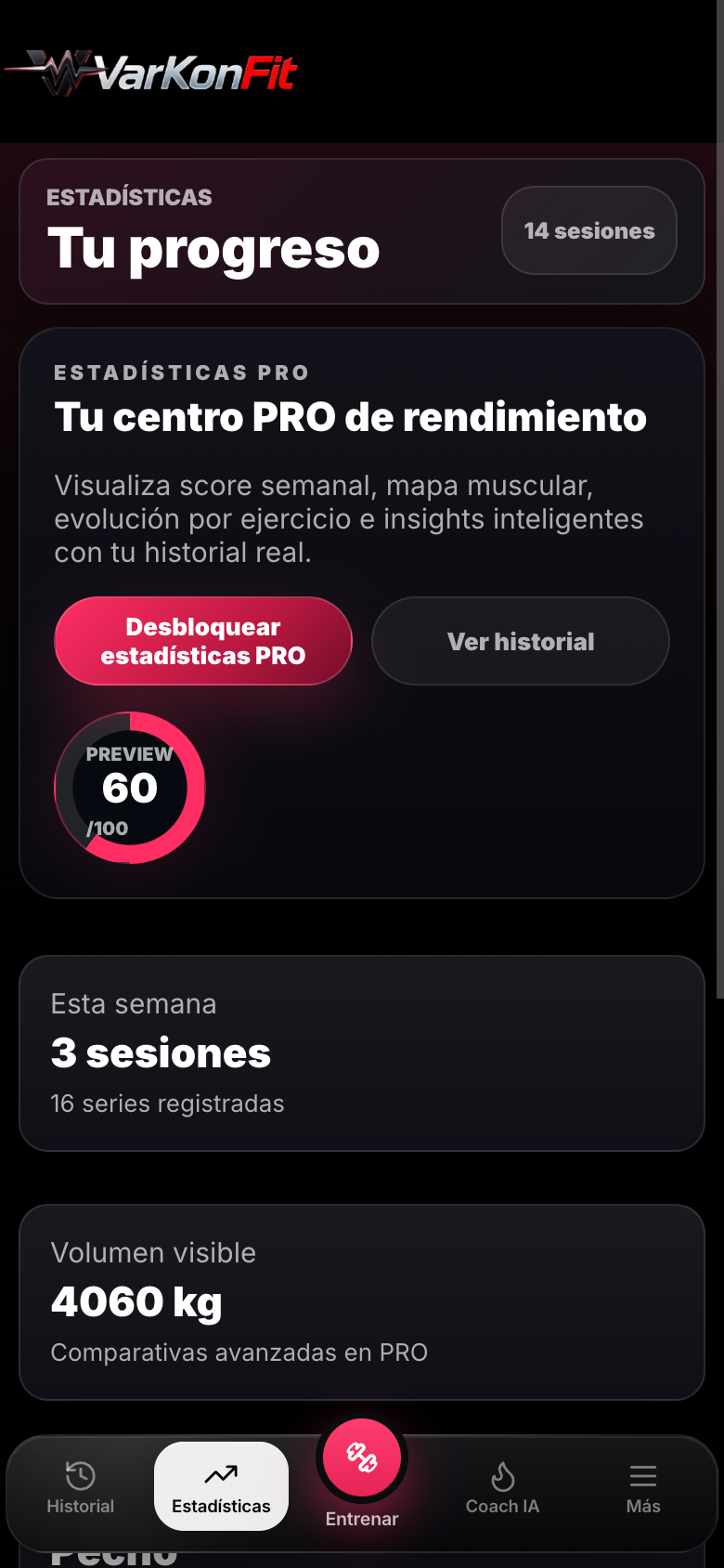 Pantalla de progreso de VarkonFit