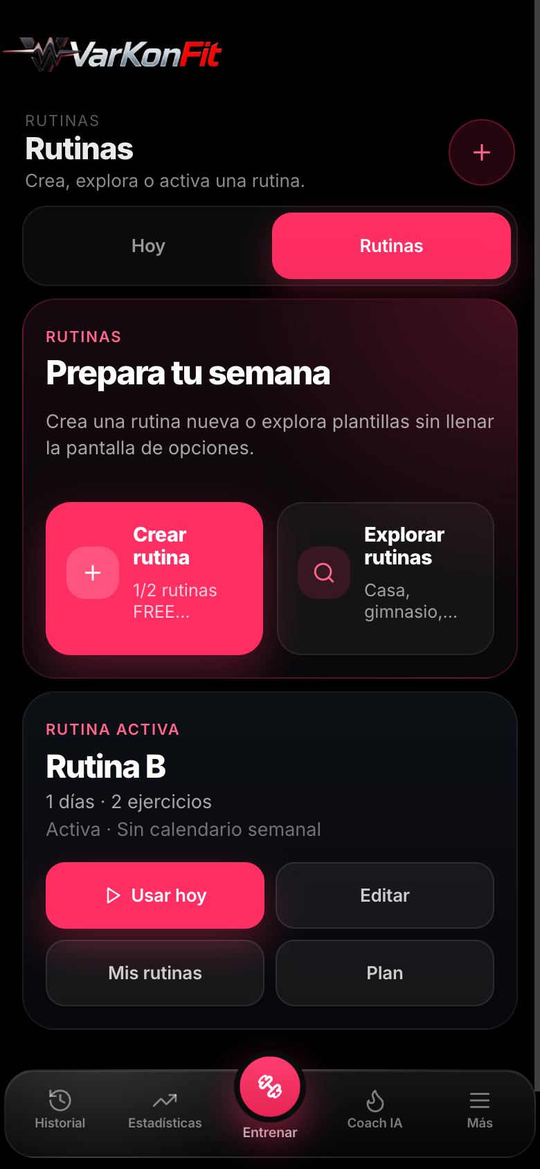 Pantalla de rutinas de VarkonFit